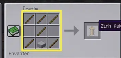 Minecraft zırh askısı yapımı için gerekli malzemelerin çalışma masası dizilimi