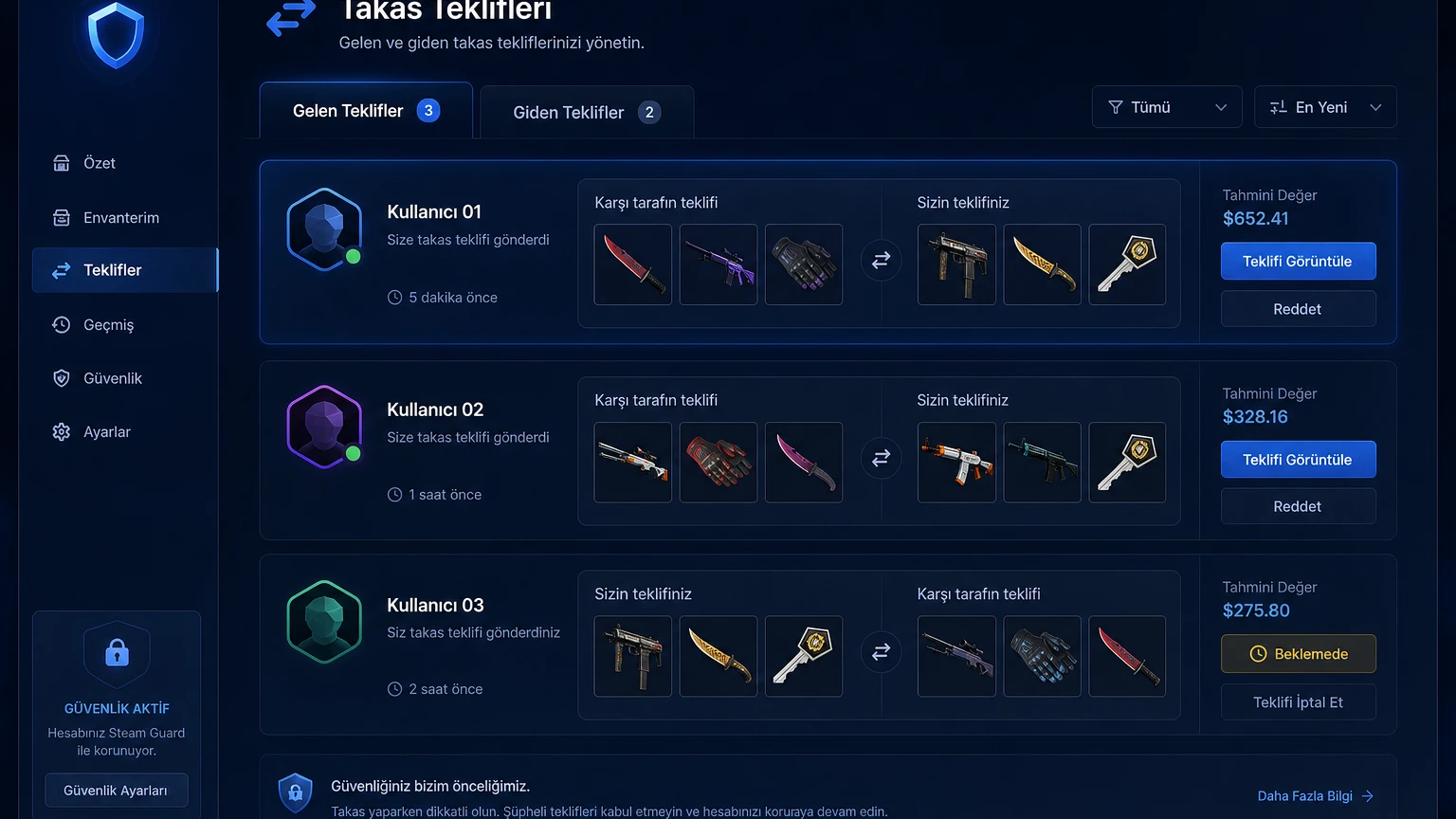 Steam takas teklifleri yönetim ekranı