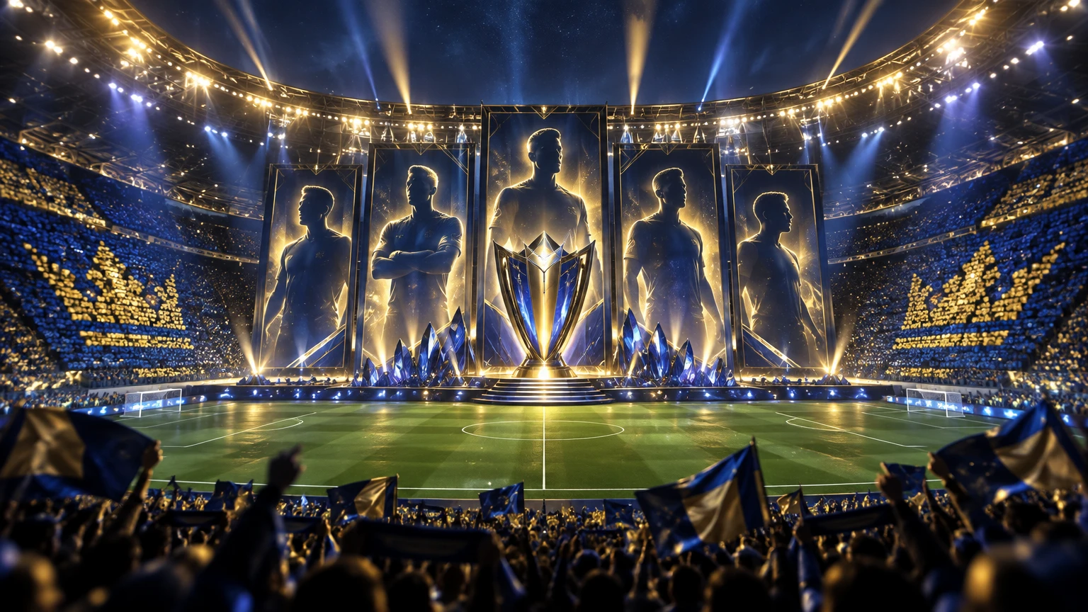 Ultimate Team stadyumunda TOTY temalı ışıklandırma ve altın mavi taraftar koreografisi