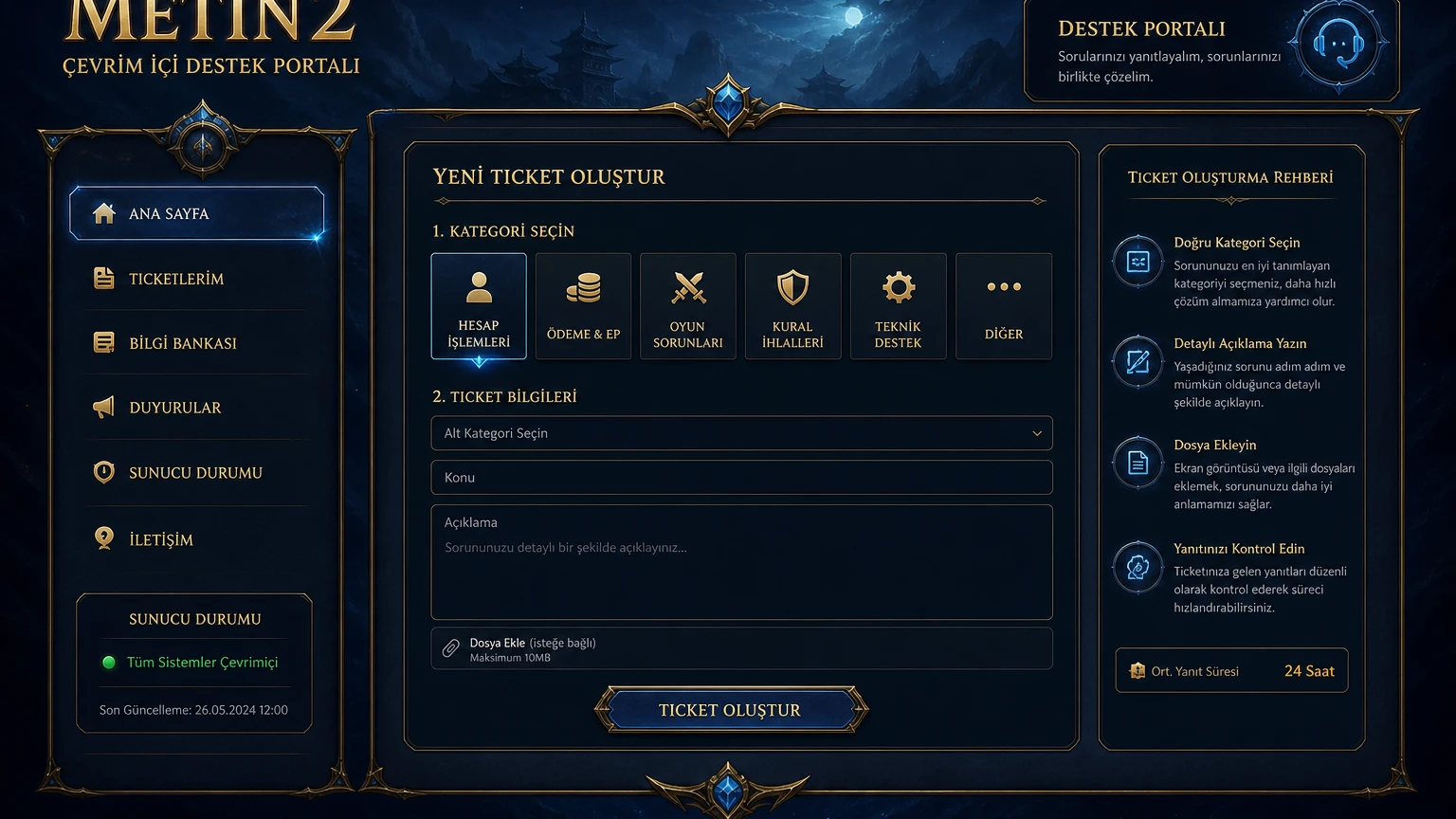 Gameforge Metin2 ticket oluşturma ekranı