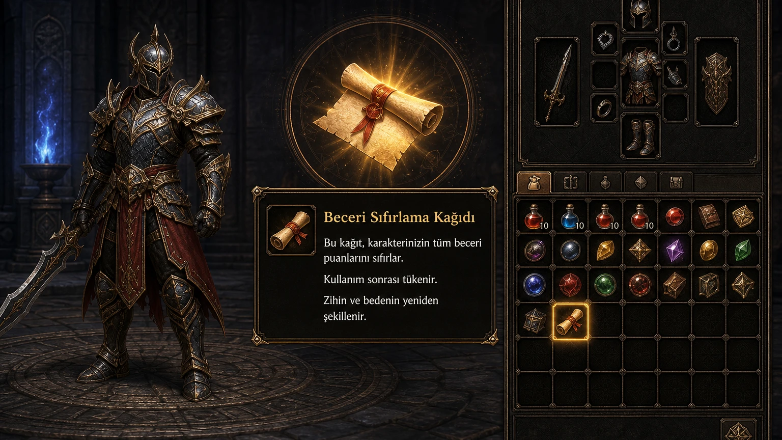 Metin2 Beceri Sıfırlama Kağıdı ve envanter ekranı