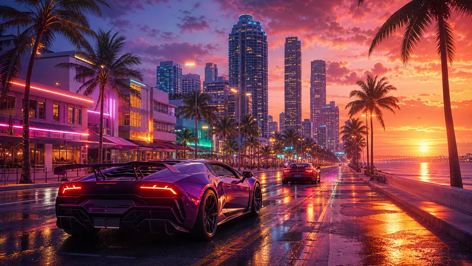 GTA 6 ve neon ışıklı Vice City manzarası