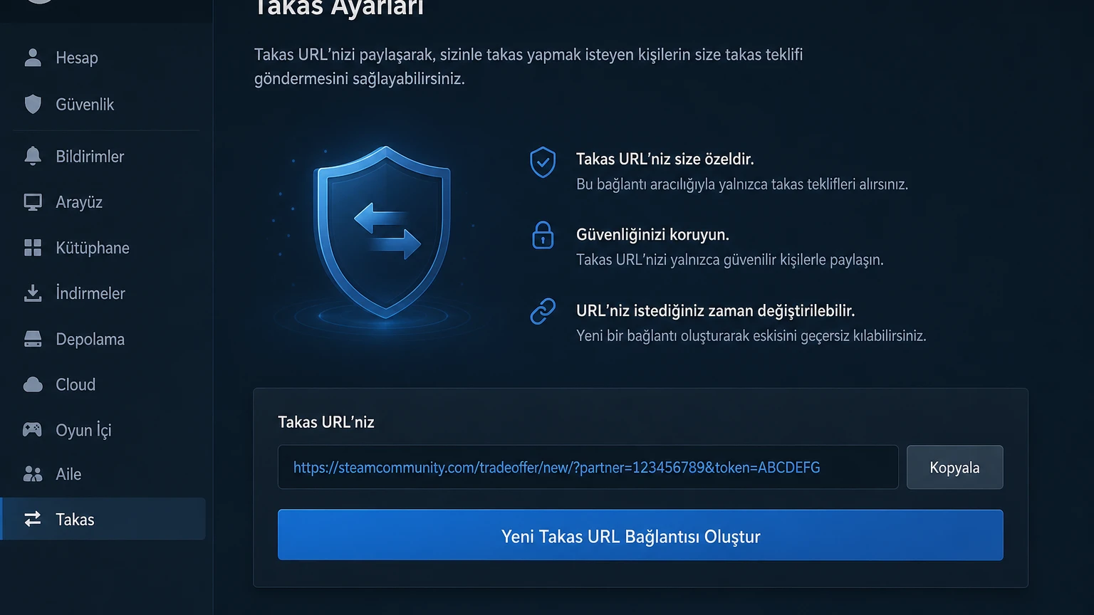 Steam yeni takas URL oluşturma ekranı