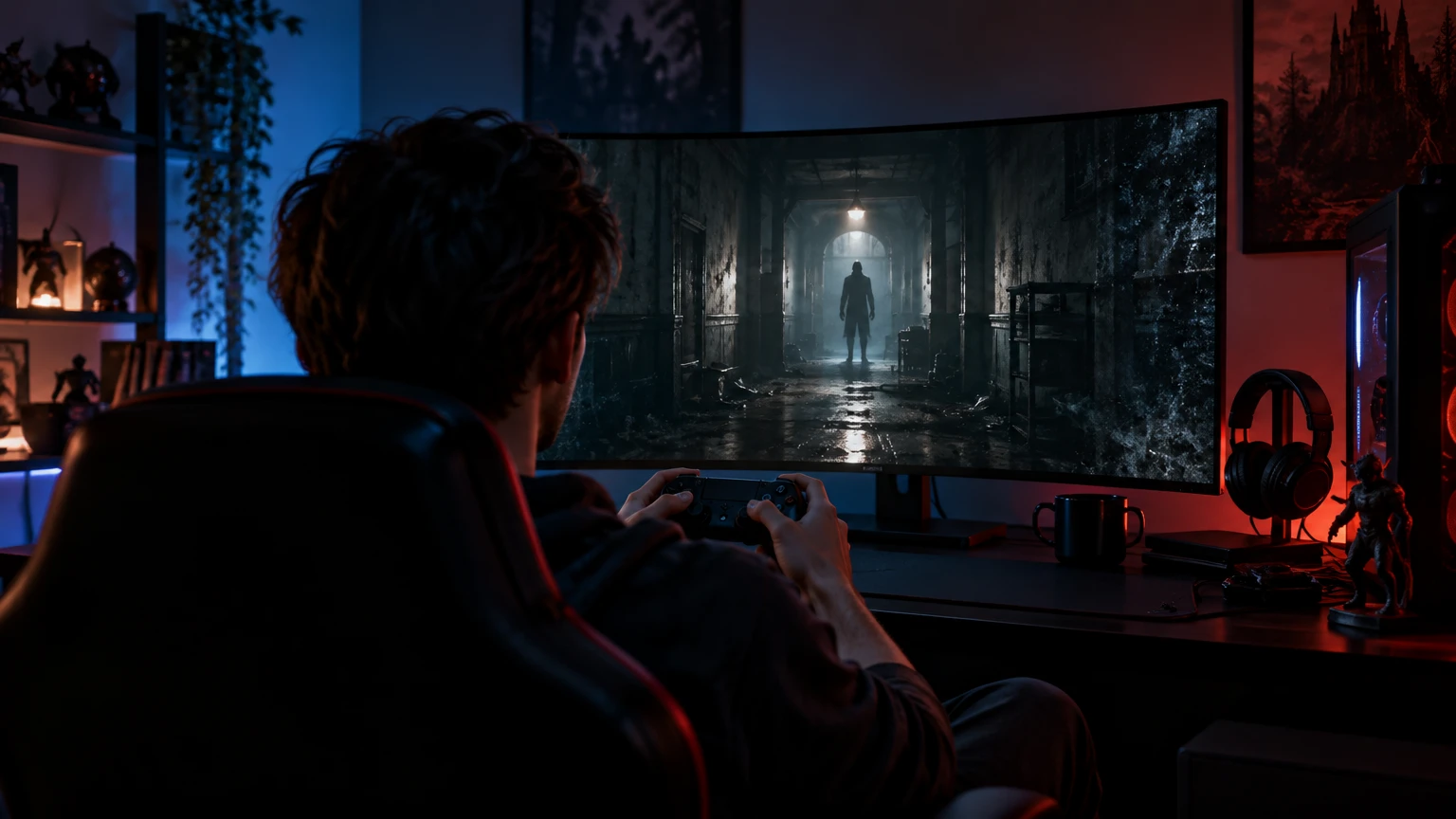 Karanlık odada gamepad ile aksiyon korku oyunu oynayan oyuncu