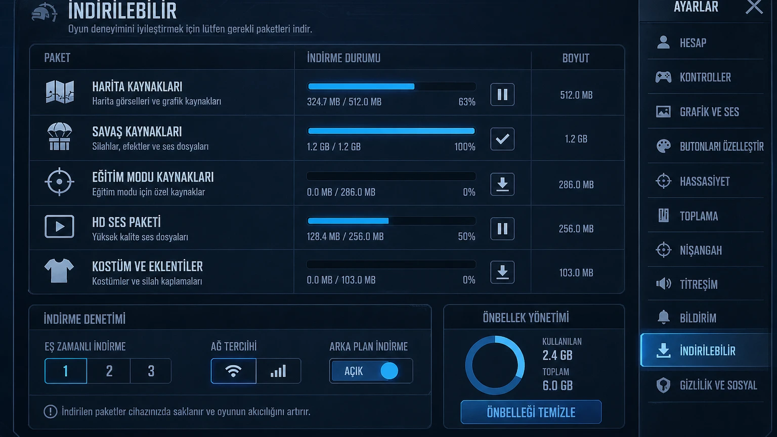 PUBG Mobile indirilebilir oyun dosyaları ve önbellek kontrolleri